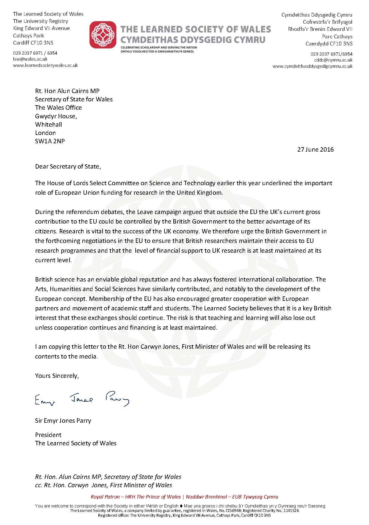 President's letter to Secretary of State for Wales | The ...