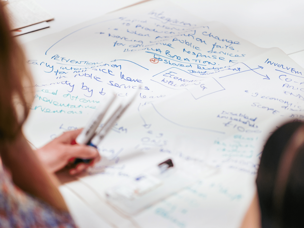 A hand holding some marker pens hovers over a flip chart paper which has writing in a bubble map format over it.