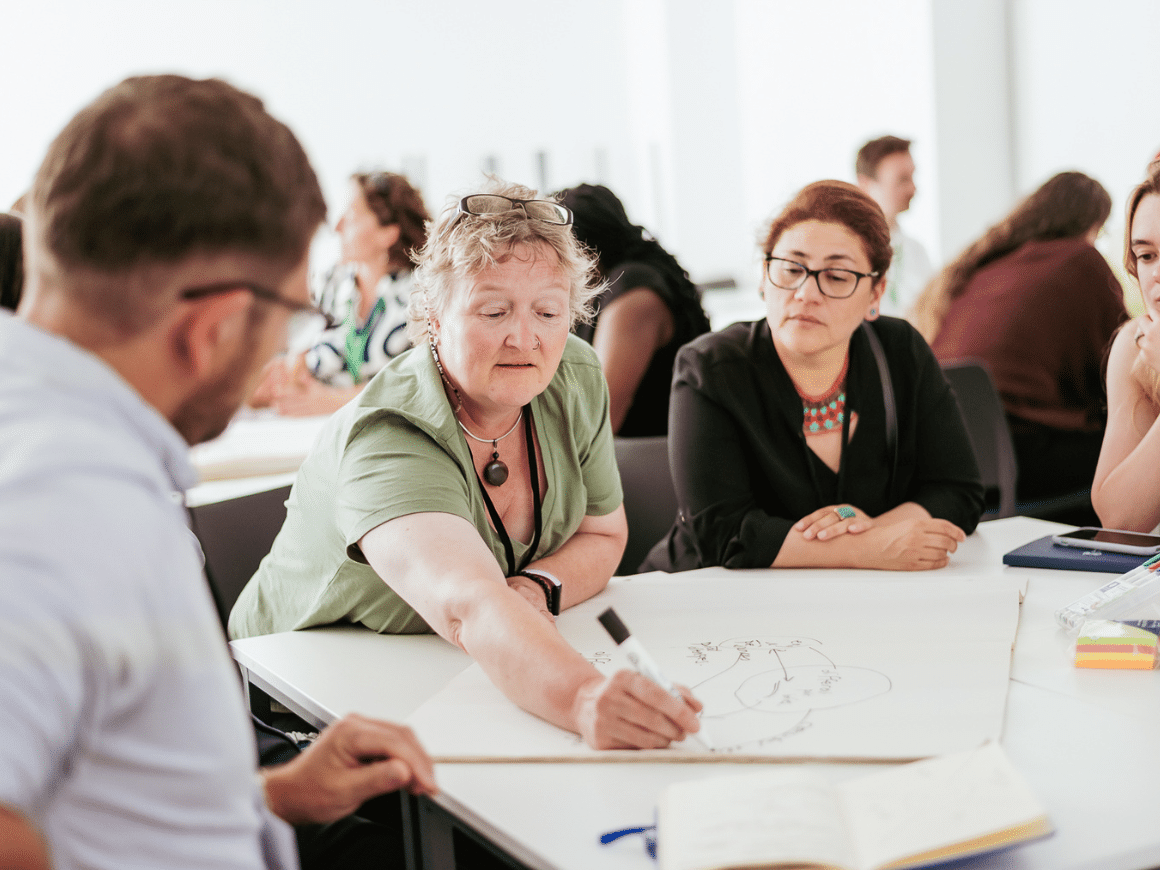 Three women and a man sitting around a table as one writes with a marker pen on a large sheet of paper.