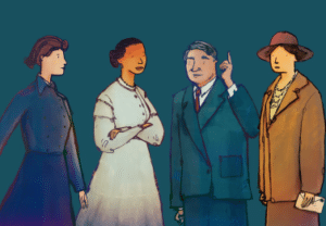 Cartoon drawings of the four people after whom the Impact Awards are named.