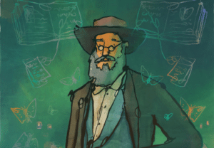 A cartoon image of Alfred Russel Wallace