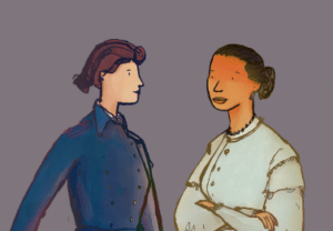 A cartoon image of Lady Rhondda and Frances Batty Shand