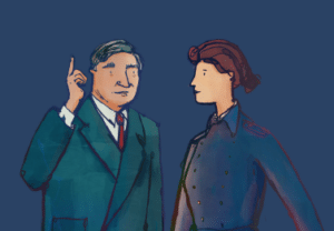 Cartoon images of Lady Rhondda and Aneurin Bevan.